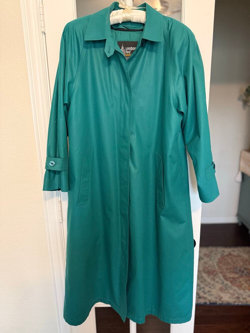 Vintage London Fog Womens Teal Trench Rain Coat Size 12 Made USA 1970/80s